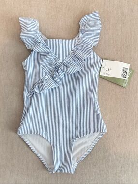 H&M Blue & White Striped Ruffled One-Piece Swimsuit